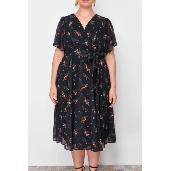 Moda Rahat Casual Günlük Şifon Dokuma Kruvaze Kısa Kol A-Line Maxi Boy Büyük Beden Elbise