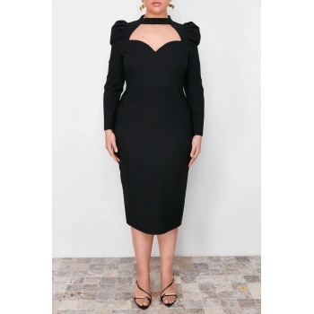 Moda Fit Kokteyl Finike Dokuma Dik Yaka Uzun Kol Anvelop Midi Boy Büyük Beden Elbise