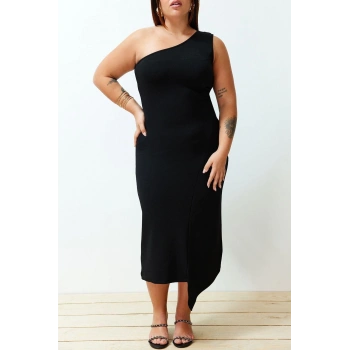 Moda Rahat Casual Günlük Krep Örme Asimetrik Yaka Kolsuz Kol Asimetrik Midi Boy Büyük Beden Elbise