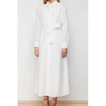 Moda Regular Casual Günlük Brode Dokuma Gömlek Yaka Uzun Kol Gömlek Elbise Maxi Boy Tesettür Elbise