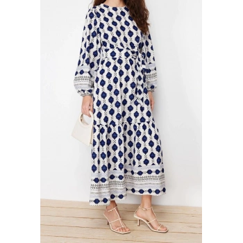 Moda Regular Casual Keten Dokuma Bisiklet Yaka Uzun Kol Eteği Fırfırlı Maxi Boy Tesettür Elbise