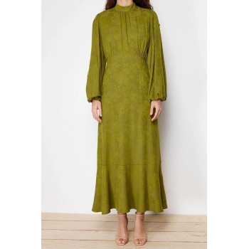 Moda Regular Casual Günlük Jakar Dokuma Bisiklet Yaka Uzun Kol A-Line Maxi Boy Tesettür Elbise