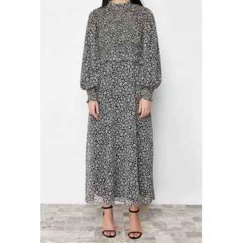 Moda Regular Casual Günlük Şifon Dokuma Dik Yaka Uzun Kol A-Line Maxi Boy Tesettür Elbise