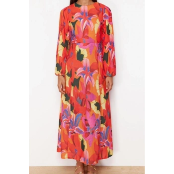 Moda Regular Günlük Keten Görünümlü Dokuma Bisiklet Yaka Uzun Kol Skater Maxi Boy Tesettür Elbise