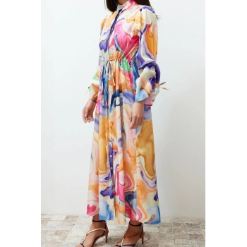 Moda Regular Casual Günlük Chally Dokuma Hakim Yaka Uzun Kol A-Line Maxi Boy Tesettür Elbise