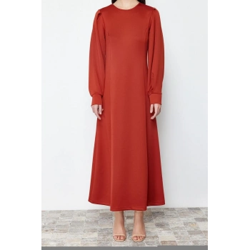 Moda Regular Gündüz Gece Dalgıç Scuba Örme Bisiklet Yaka Uzun Kol Skater Maxi Boy Tesettür Elbise