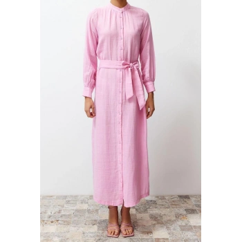 Moda Regular Casual Günlük Müslin Dokuma Bisiklet Yaka Uzun Kol Shift Maxi Boy Tesettür Elbise