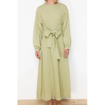 Moda Regular Casual Günlük Crinkle Dokuma Bisiklet Yaka Uzun Kol Shift Maxi Boy Tesettür Elbise