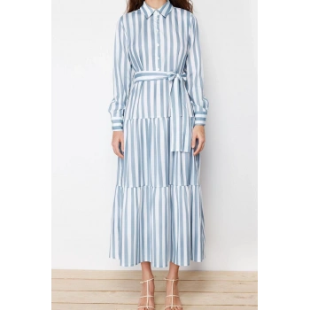 Moda Regular Günlük Poplin Dokuma Gömlek Yaka Uzun Kol Eteği Fırfırlı Maxi Boy Tesettür Elbise