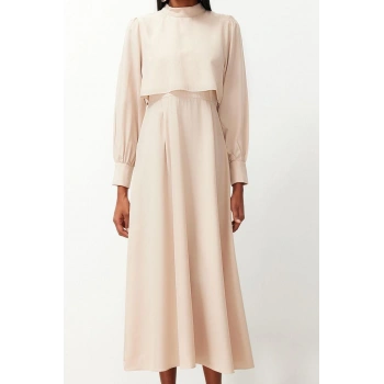 Moda Regular Casual Günlük Terryviskon Dokuma Dik Yaka Uzun Kol A-Line Maxi Boy Tesettür Elbise