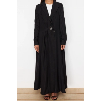 Moda Regular Günlük Keten Görünümlü Dokuma Ceket Yaka Uzun Kol A-Line Maxi Boy Tesettür Elbise