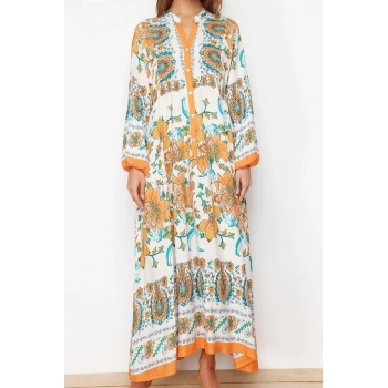 Moda Rahat Casual Günlük Shally Dokuma Hakim Yaka Uzun Kol A-Line Maxi Boy Tesettür Elbise