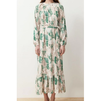 Moda Rahat Casual Günlük Belmando Dokuma Bisiklet Yaka Uzun Kol A-Line Maxi Boy Tesettür Elbise