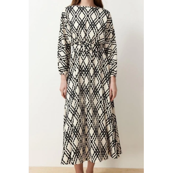 Moda Regular Casual Günlük Crinkle Dokuma Bisiklet Yaka Uzun Kol Skater Maxi Boy Tesettür Elbise