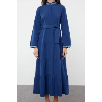 Moda Regular Casual Günlük Terrycotton Dokuma Hakim Yaka Uzun Kol A-Line Maxi Boy Tesettür Elbise