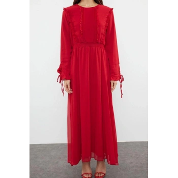 Moda Rahat Gündüz Gece Şifon Dokuma Bisiklet Yaka Uzun Kol A-Line Maxi Boy Tesettür Elbise