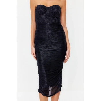 Moda Fit Mezuniyet Balo Örme Kolsuz Kol Midi Boy Elbise