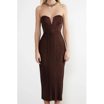 Moda Fit Mezuniyet Balo Pilise Örme Straplez Kolsuz Kol Bodycone Midi Boy Elbise