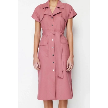 Moda Regular Casual Günlük Gabardin Dokuma Gömlek Yaka Kısa Kol Gömlek Elbise Midi Boy Elbise