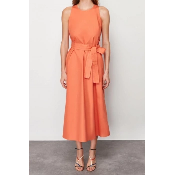 Moda Regular Casual Günlük Poplin Dokuma Bisiklet Yaka Kolsuz Kol Skater Midi Boy Elbise