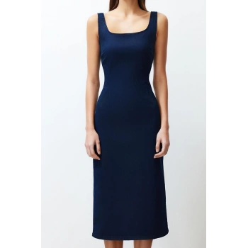 Moda Fit Casual Günlük Stretch Denim Kare Yaka Askılı Kol Bodycone Midi Boy Elbise