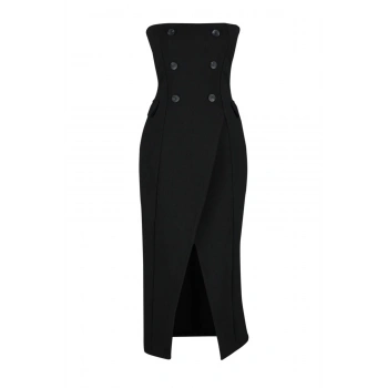 Moda Anvelop Gündüz Gece İnterlok Örme Straplez Kolsuz Kol Anvelop Midi Boy Elbise