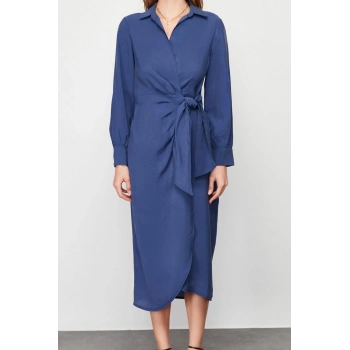 Moda Kruvaze Casual Günlük Modal Kumaş Dokuma Kruvaze Uzun Kol Kruvaze Midi Boy Elbise