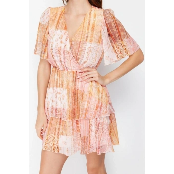 Moda Regular Gündüz Gece Şifon Dokuma Kruvaze Kısa Kol Skater Mini Boy Elbise