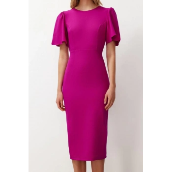 Moda Regular Gündüz Gece Finike Dokuma Bisiklet Yaka Kısa Kol Bodycone Midi Boy Elbise
