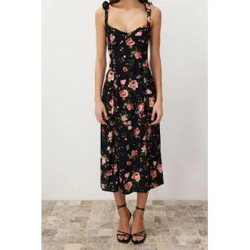 Moda Regular Casual Günlük Shally Dokuma Kalp Yaka Askılı Kol A-Line Midi Boy Elbise