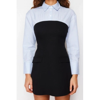 Moda Slim Gündüz Gece Finike Dokuma Gömlek Yaka Uzun Kol Bodycone Mini Boy Elbise