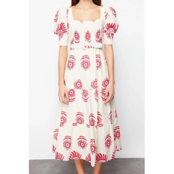 Moda Regular Casual Günlük Keten Karışımlı Dokuma Kare Yaka Kısa Kol Skater Midi Boy Elbise