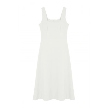 Moda Regular Gündüz Gece Finike Dokuma Kare Yaka Askılı Kol Skater Midi Boy Elbise