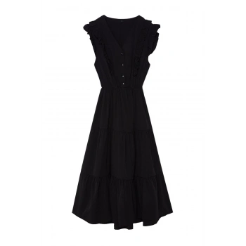 Moda Skater Casual Günlük Terrycotton Dokuma V Yaka Kolsuz Kol Skater Midi Boy Elbise