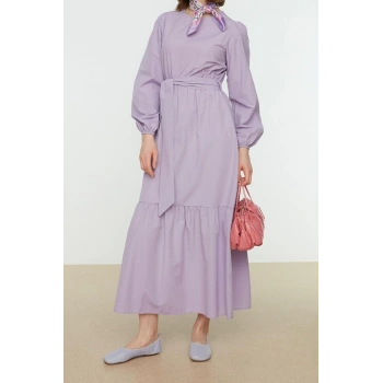 Moda Regular Casual Günlük Terrycotton Dokuma Bisiklet Yaka Uzun Kol Skater Maxi Boy Tesettür Elbise