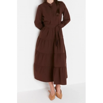 Moda Rahat Casual Günlük Terrycotton Dokuma Dik Yaka Uzun Kol Basic Maxi Boy Tesettür Elbise