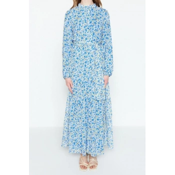 Moda Rahat Casual Günlük Şifon Dokuma Dik Yaka Uzun Kol Basic Maxi Boy Tesettür Elbise