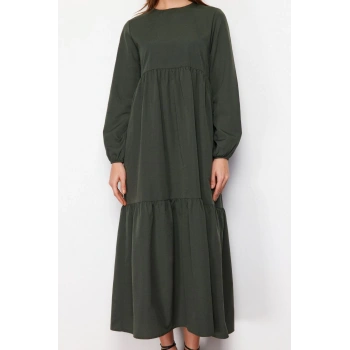 Moda Oversize Günlük Terrycotton Dokuma Bisiklet Yaka Uzun Kol Skater Uzun Boy Tesettür Elbise