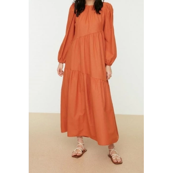 Moda Regular Casual Günlük Terrycotton Dokuma Bisiklet Yaka Uzun Kol A-Line Maxi Boy Tesettür Elbise