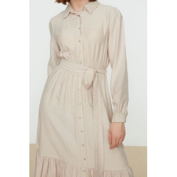 Moda Regular Casual Günlük Aerobin Dokuma Ceket Yaka Uzun Kol A-Line Maxi Boy Tesettür Elbise