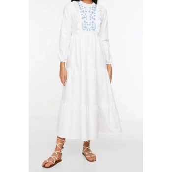 Moda Regular Casual Günlük Chambre Dokuma Bisiklet Yaka Uzun Kol A-Line Maxi Boy Tesettür Elbise