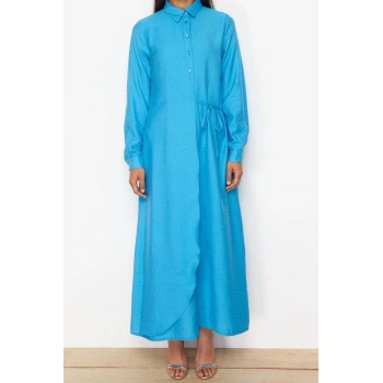 Moda Regular Günlük Keten Aerobin Dokuma Ceket Yaka Uzun Kol Gömlek Elbise Maxi Boy Tesettür Elbise
