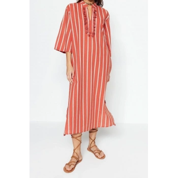 Moda Dokuma Rahat Kalıp Uzun Gömlek Yaka Standart Kol Vual Basic Çizgili Desen Kimono Kaftan