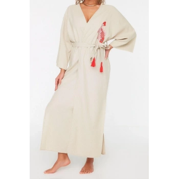 Moda Dokuma Regular Kalıp Uzun V Yaka Standart Kol Keten karışımlı Kruvaze Etnik Desen Kimono Kaftan