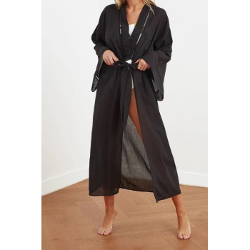 Moda Dokuma Regular Kalıp Uzun V Yaka İspanyol Kol Flamlı Pamuk Basic Düz Desen Kimono Kaftan