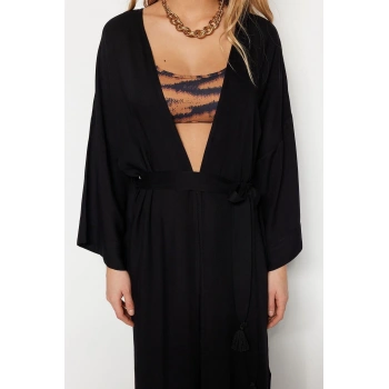 Moda Dokuma Regular Kalıp Uzun V Yaka Standart Kol Shally Panço Şal Desen Kimono Kaftan