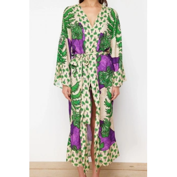 Moda Dokuma Rahat Kalıp Uzun V Yaka Standart Kol Shally Basic Animal Desen Kimono Kaftan