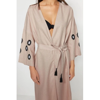 Moda Dokuma Regular Kalıp Uzun V Yaka Standart Kol Poplin Basic Düz Desen Kimono Kaftan