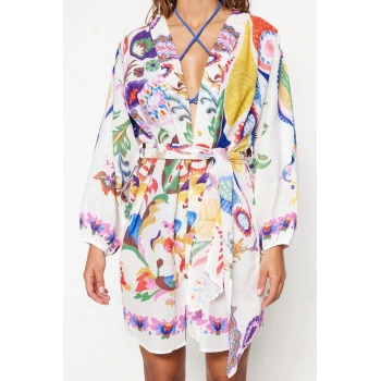 Moda Dokuma Regular Kalıp Uzun V Yaka Balon Kol Vual Basic Etnik Desen Kimono Kaftan