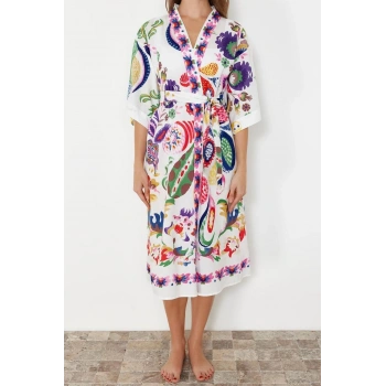 Moda Dokuma Regular Kalıp Uzun V Yaka Standart Kol Vual Basic Şal Desen Kimono Kaftan